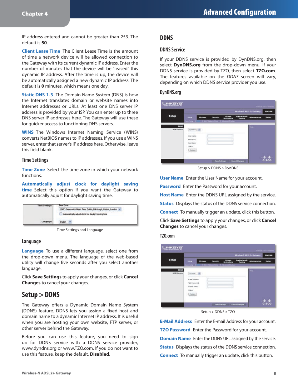 Setup > ddns, Advanced configuration, Ddns | Linksys WAG160N User Manual | Page 12 / 41