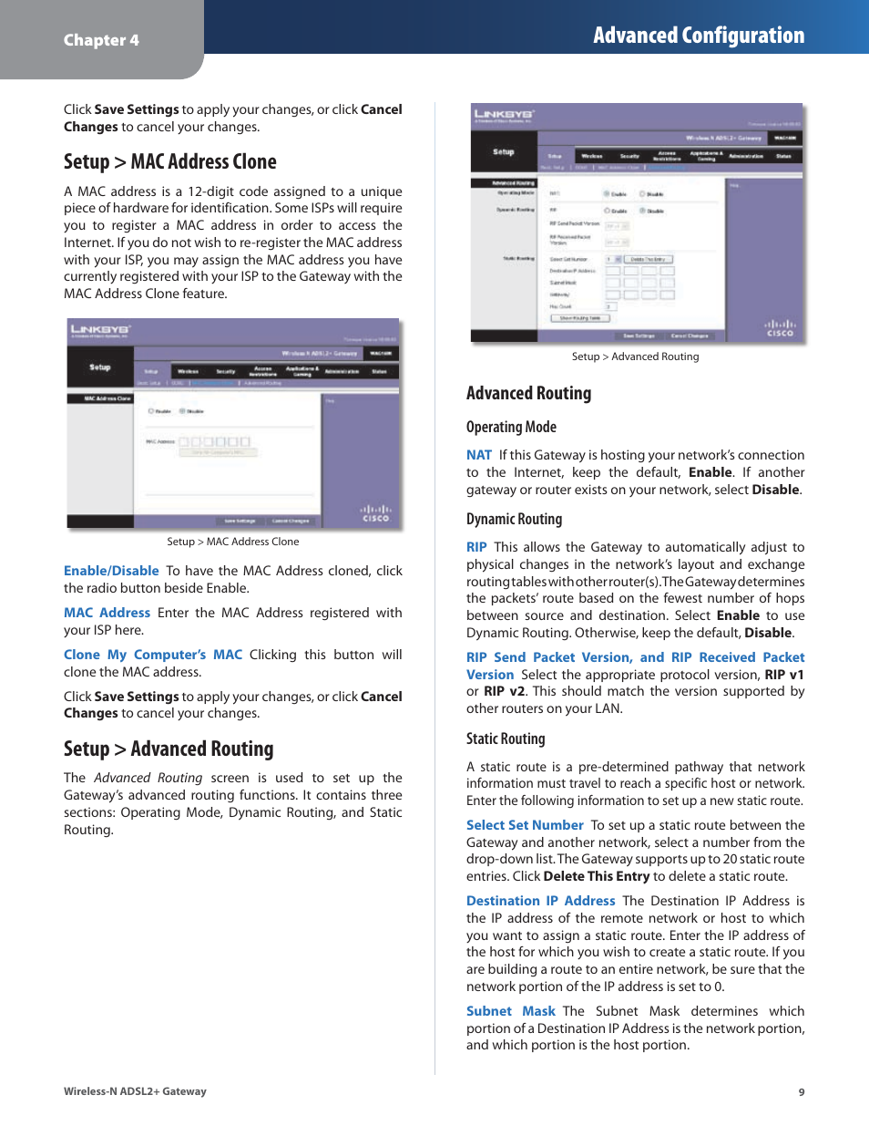 Setup > mac address clone, Setup > advanced routing, Setup > mac address clone setup > advanced routing | Advanced configuration, Advanced routing | Linksys WAG160N User Manual | Page 13 / 41
