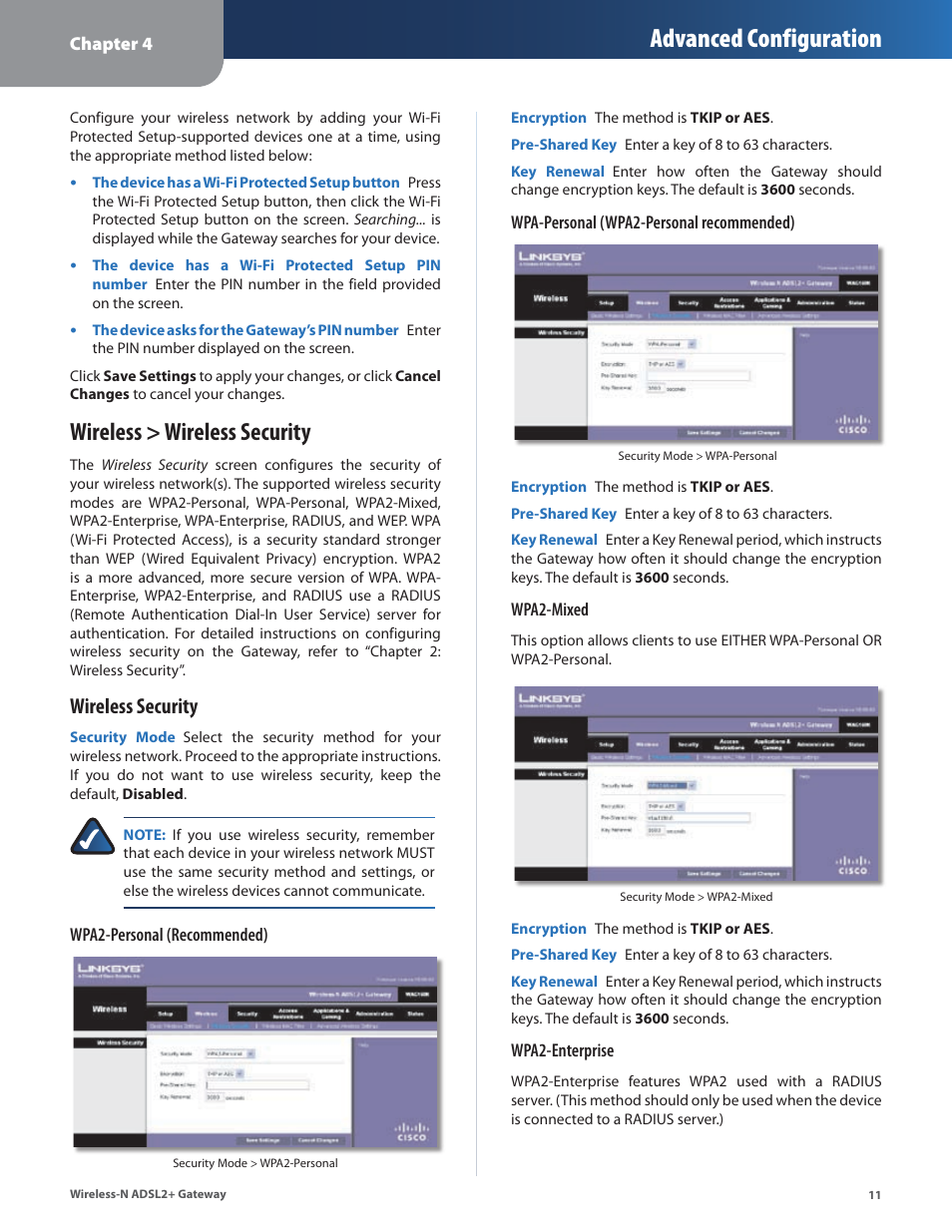 Wireless > wireless security, Advanced configuration, Wireless security | Linksys WAG160N User Manual | Page 15 / 41