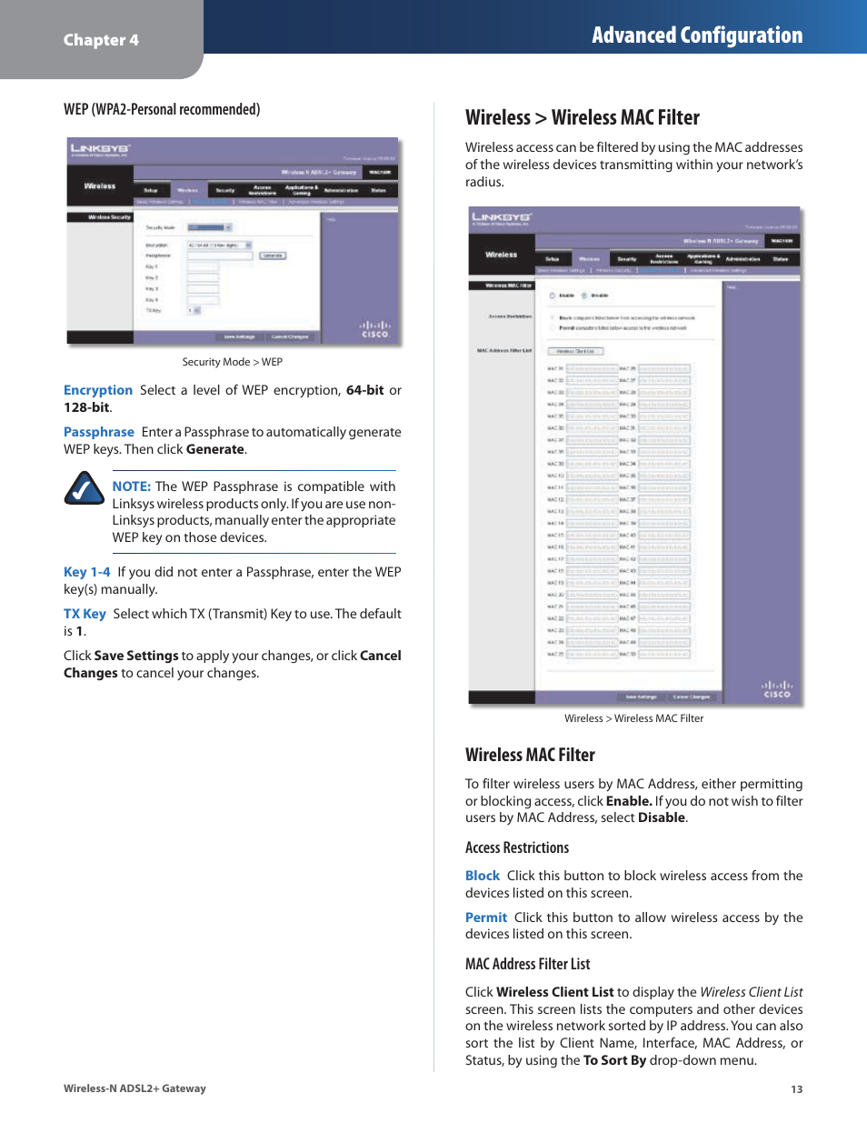Wireless > wireless mac filter, Advanced configuration, Wireless mac filter | Linksys WAG160N User Manual | Page 17 / 41
