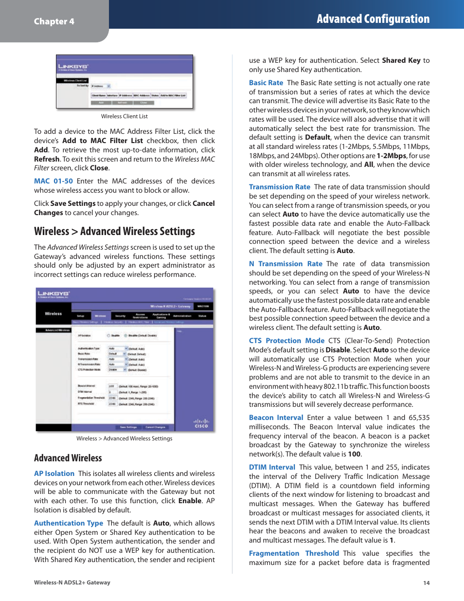 Wireless > advanced wireless settings, Advanced configuration, Advanced wireless | Linksys WAG160N User Manual | Page 18 / 41