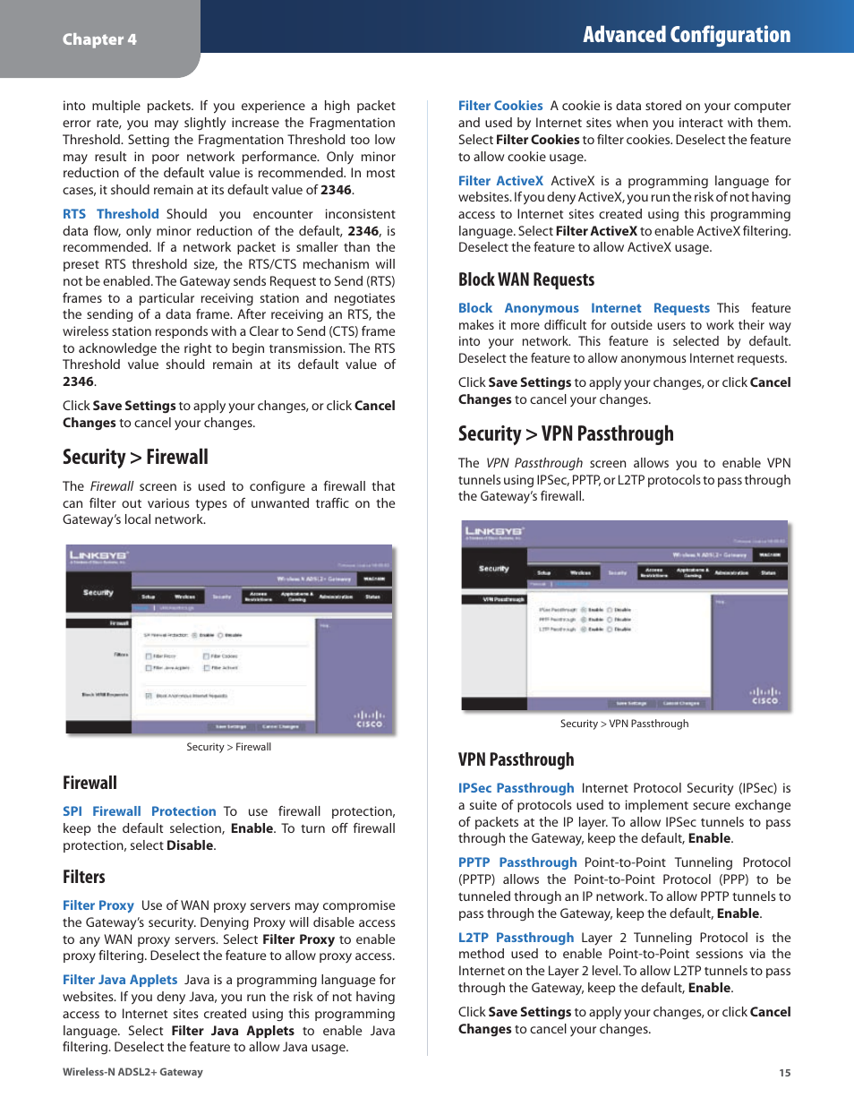 Security > firewall, Security > vpn passthrough, Security > firewall security > vpn passthrough | Advanced configuration, Firewall, Filters, Block wan requests, Vpn passthrough | Linksys WAG160N User Manual | Page 19 / 41