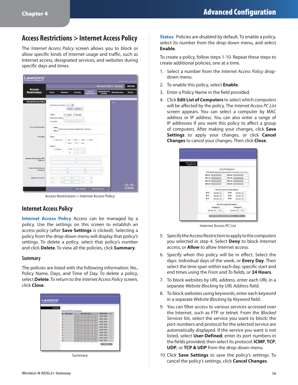 Access restrictions > internet access policy, Advanced configuration, Internet access policy | Linksys WAG160N User Manual | Page 20 / 41