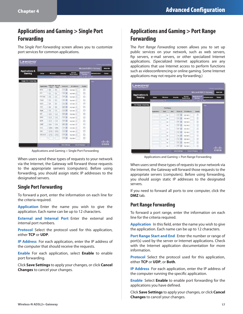 Applications and gaming > single port forwarding, Applications and gaming > port range forwarding, Advanced configuration | Single port forwarding, Port range forwarding | Linksys WAG160N User Manual | Page 21 / 41