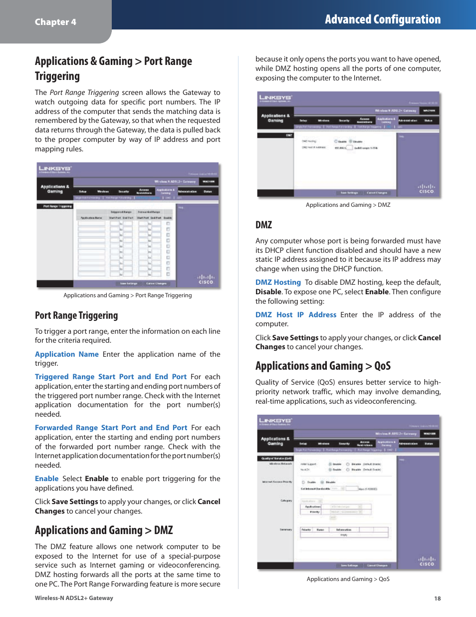 Applications & gaming > port range triggering, Applications and gaming > dmz, Applications and gaming > qos | Advanced configuration, Port range triggering | Linksys WAG160N User Manual | Page 22 / 41