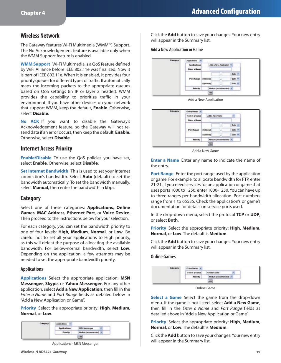 Advanced configuration, Wireless network, Internet access priority | Category | Linksys WAG160N User Manual | Page 23 / 41