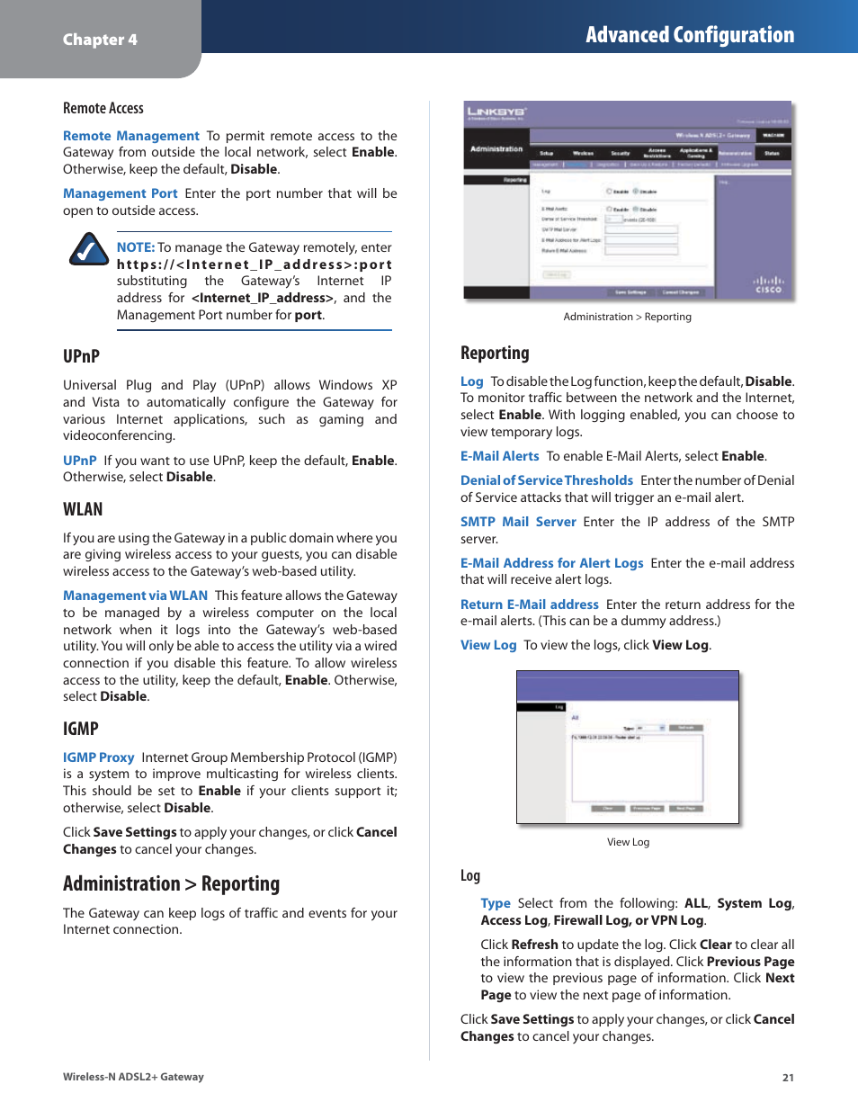 Administration > reporting, Advanced configuration, Upnp | Wlan, Igmp, Reporting | Linksys WAG160N User Manual | Page 25 / 41