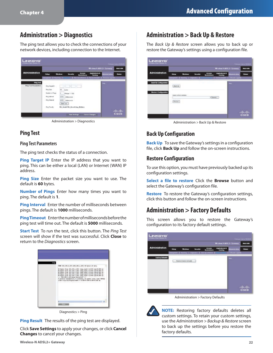 Administration > diagnostics, Administration > back up & restore, Administration > factory defaults | Advanced configuration, Ping test, Back up configuration, Restore configuration | Linksys WAG160N User Manual | Page 26 / 41