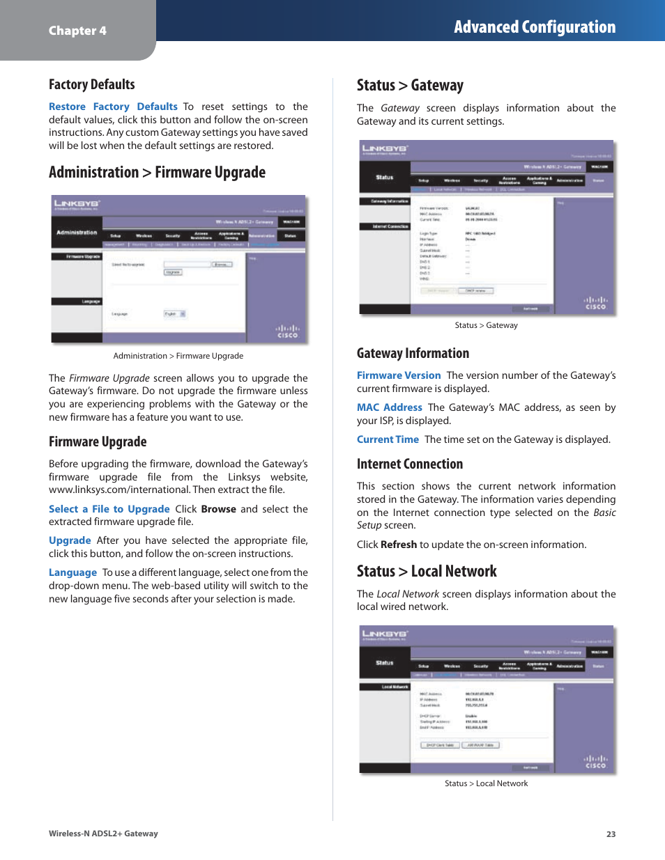 Administration > firmware upgrade, Status > gateway, Status > local network | Advanced configuration, Factory defaults, Firmware upgrade, Gateway information, Internet connection | Linksys WAG160N User Manual | Page 27 / 41