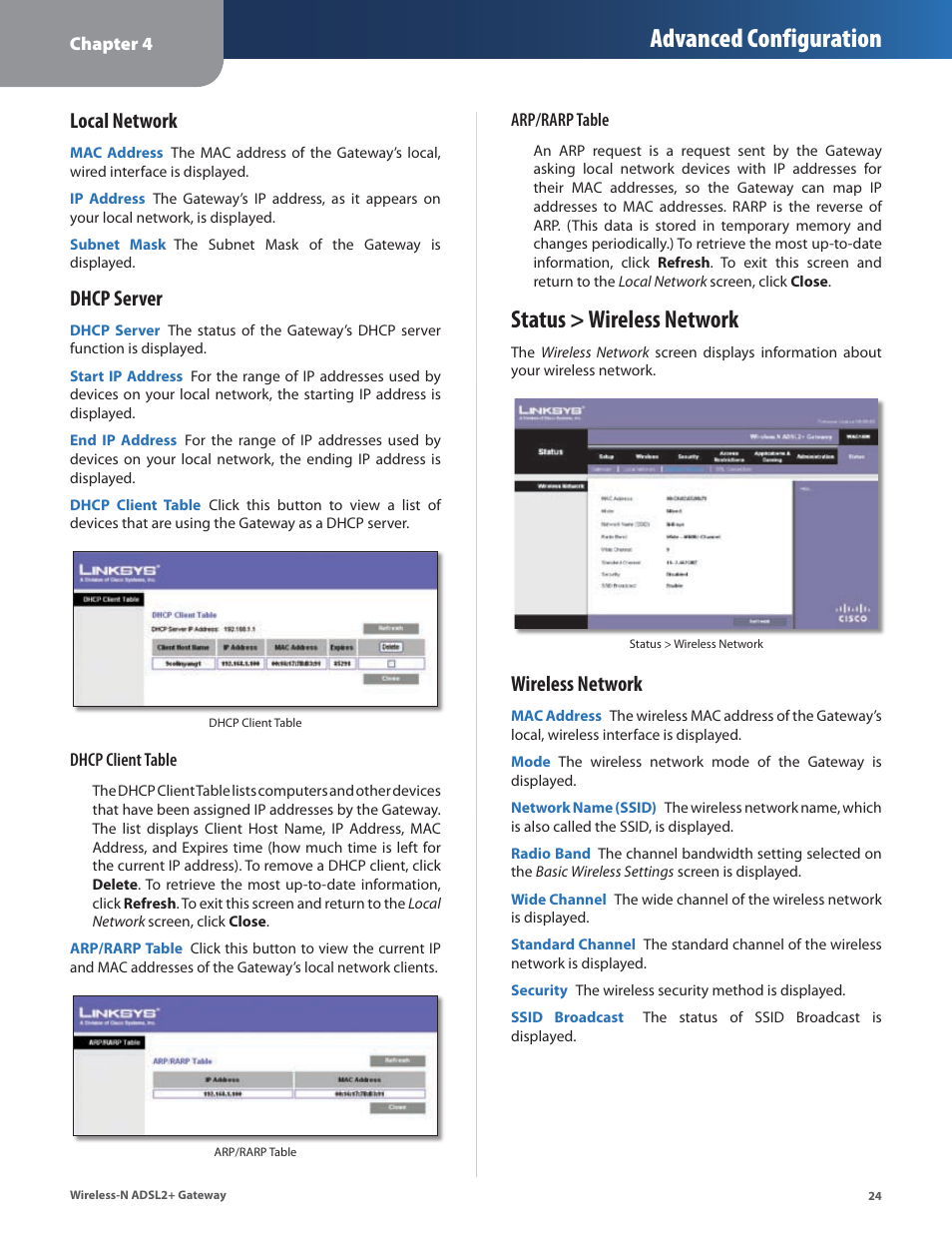 Status > wireless network, Advanced configuration, Local network | Dhcp server, Wireless network | Linksys WAG160N User Manual | Page 28 / 41
