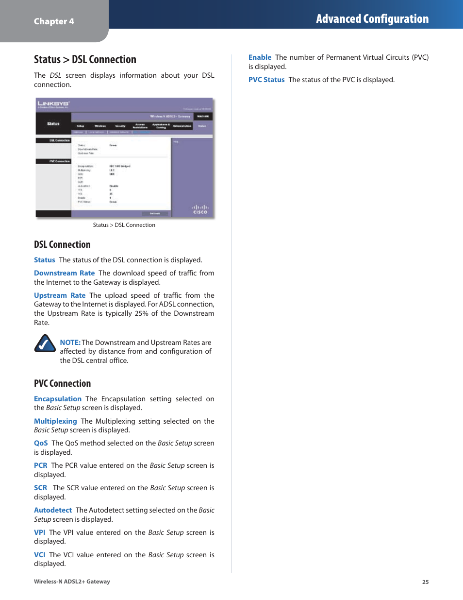 Status > dsl connection, Advanced configuration, Dsl connection | Pvc connection | Linksys WAG160N User Manual | Page 29 / 41