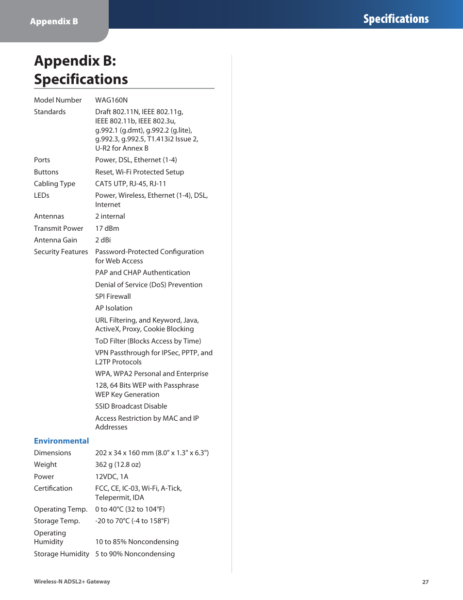 Appendix b: specifications, Appendx b: specfcatons, Specifications | Linksys WAG160N User Manual | Page 31 / 41