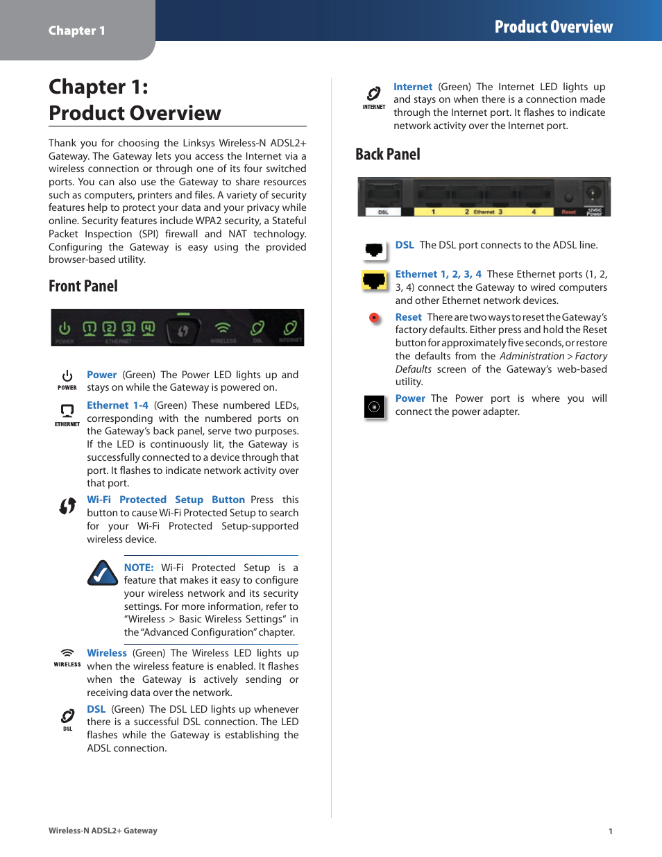 Chapter 1: product overview, Front panel, Back panel | Front panel back panel, Chapter : product overvew, Product overview | Linksys WAG160N User Manual | Page 5 / 41