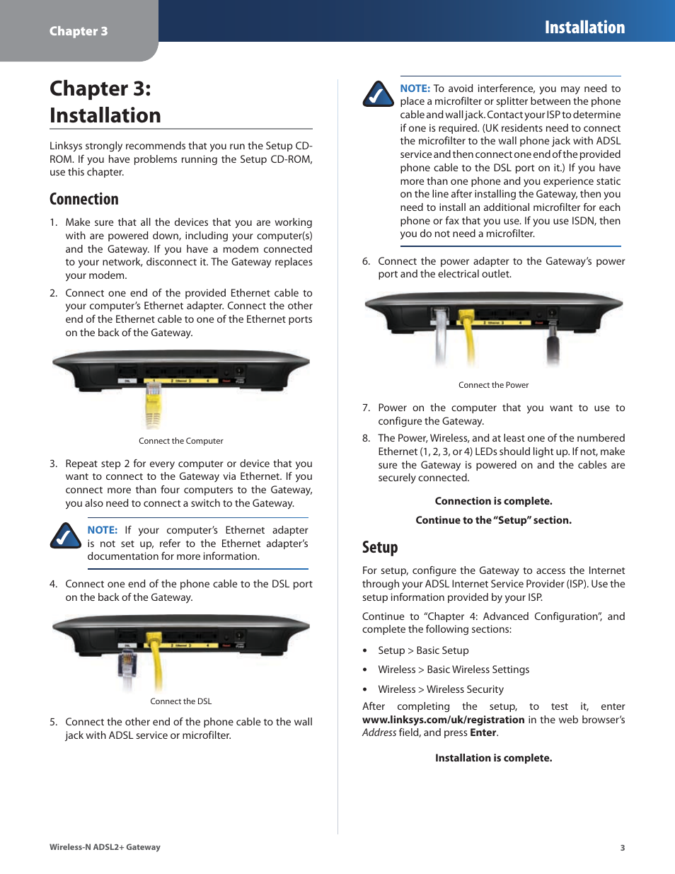 Chapter 3: installation, Connection, Setup | Connection setup, Chapter 3: installaton, Installation | Linksys WAG160N User Manual | Page 7 / 41