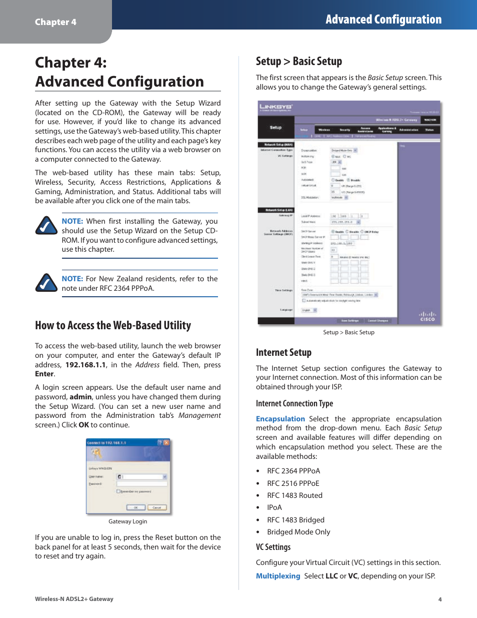 Chapter 4: advanced configuration, Setup > basic setup, Chapter 4: advanced confguraton | Advanced configuration, How to access the web-based utility, Internet setup | Linksys WAG160N User Manual | Page 8 / 41