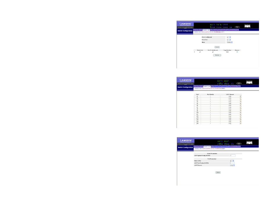 Switch conf. (configuration) tab - port mirroring, Switch conf. (configuration) tab - lacp | Linksys SRW2016 User Manual | Page 35 / 73