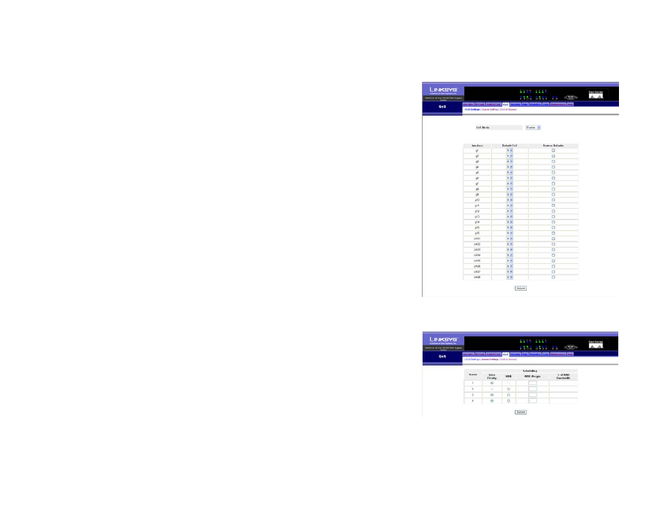 Qos tab - cos settings, Qos tab - queue settings | Linksys SRW2016 User Manual | Page 36 / 73