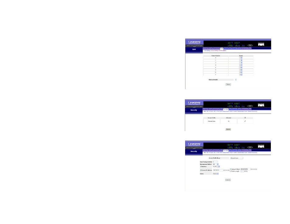 Qos tab - cos to queue, Security tab - acl | Linksys SRW2016 User Manual | Page 37 / 73