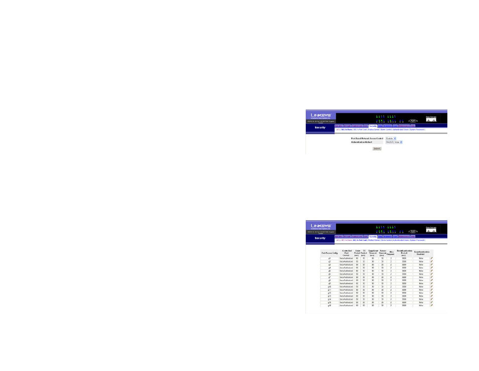 Security tab - 802.1x users, Security tab - 802.1x port conf. (configuration) | Linksys SRW2016 User Manual | Page 38 / 73