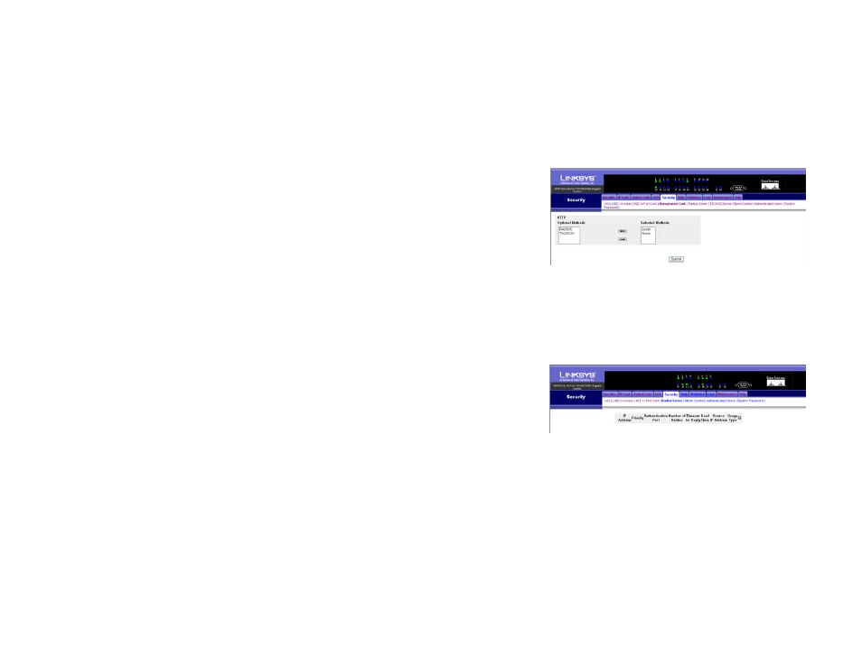 Security tab - management conf. (configuration), Security tab - radius server | Linksys SRW2016 User Manual | Page 40 / 73