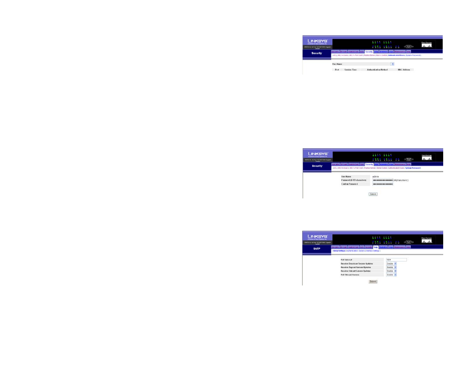 Security tab - authenticated users, Security tab - system password, Sntp tab - global settings | Linksys SRW2016 User Manual | Page 44 / 73
