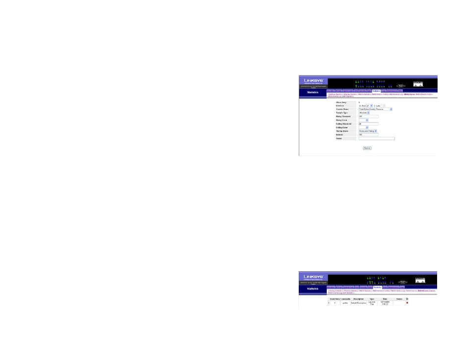 Statistics tab - rmon events control | Linksys SRW2016 User Manual | Page 54 / 73