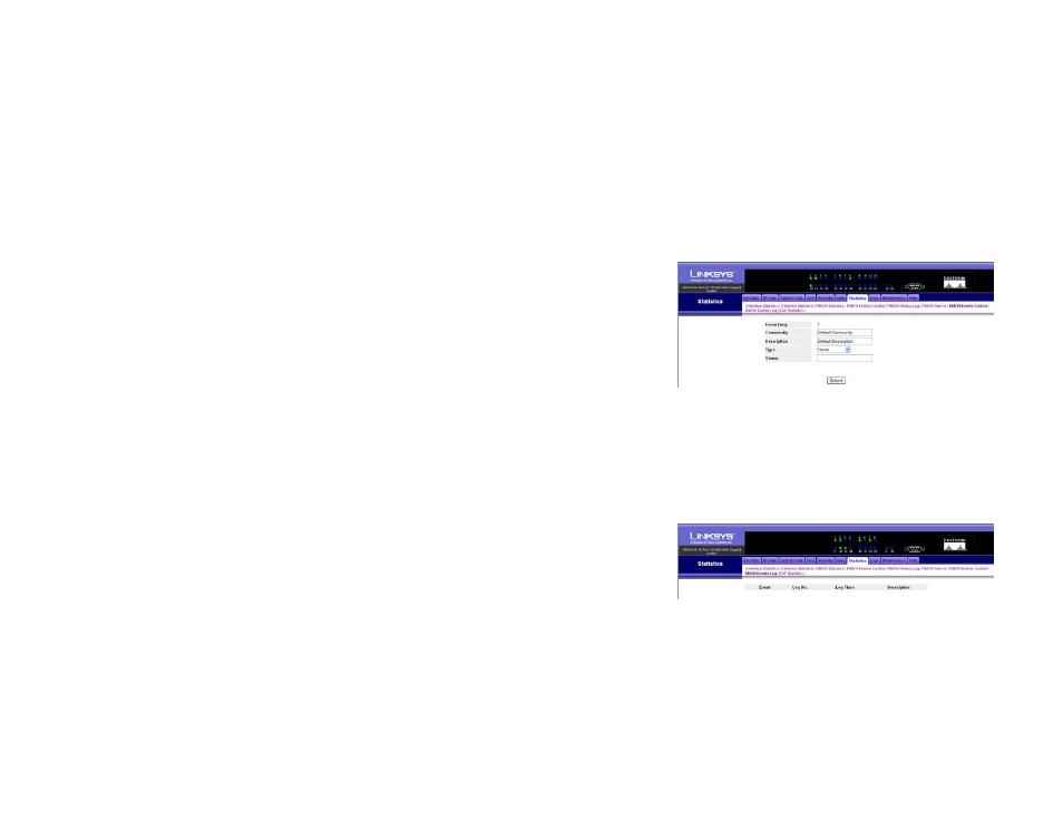Statistics tab - rmon events log | Linksys SRW2016 User Manual | Page 55 / 73