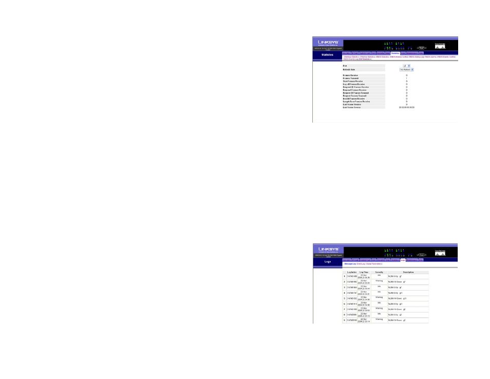 Statistics tab - eap statistics, Logs tab - message log | Linksys SRW2016 User Manual | Page 56 / 73