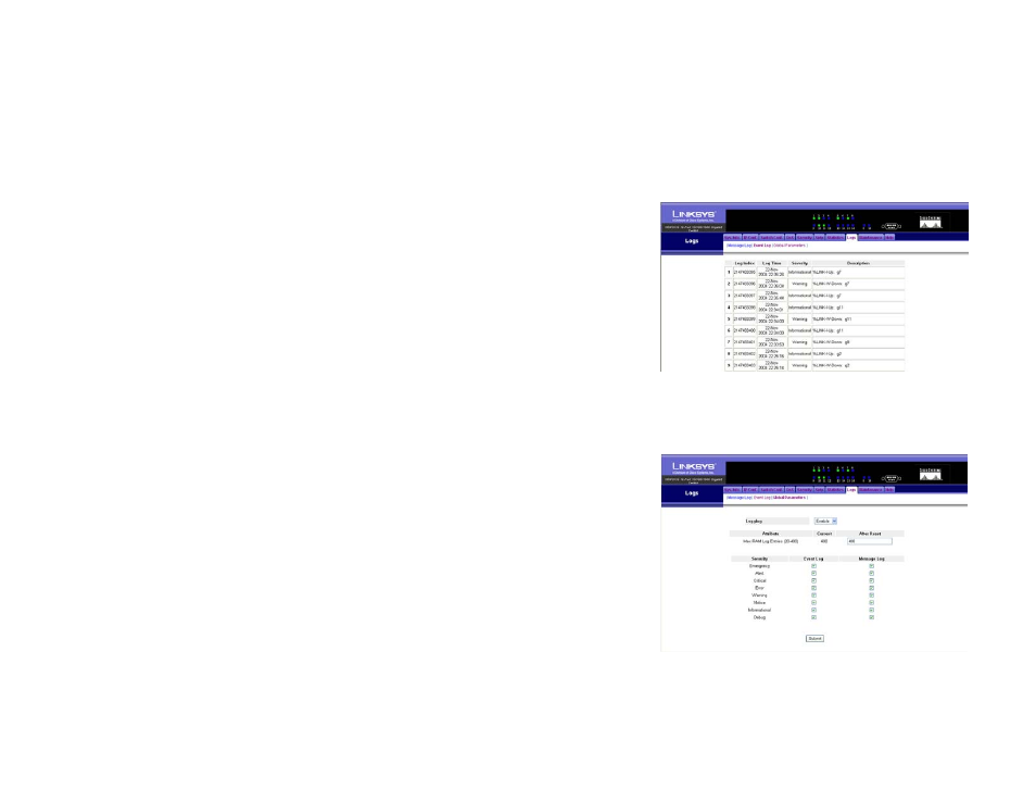 Logs tab - event log, Logs tab - global parameters | Linksys SRW2016 User Manual | Page 57 / 73