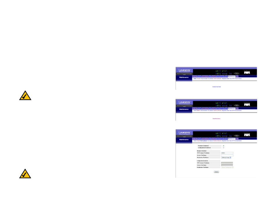 Maintenance tab - telnet, Maintenance tab - reset, Maintenance tab - file download | Linksys SRW2016 User Manual | Page 58 / 73