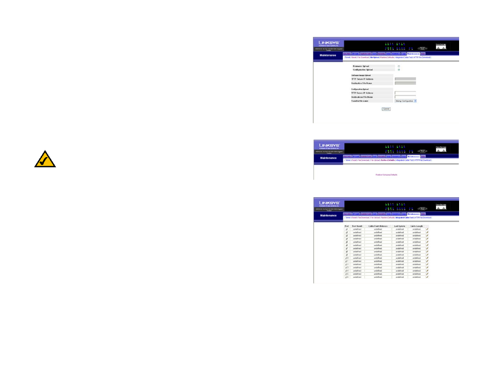Maintenance tab - restore defaults, Maintenance tab - integrated cable test | Linksys SRW2016 User Manual | Page 60 / 73
