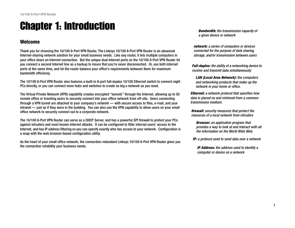 Chapter 1: introduction, Welcome | Linksys RV082 User Manual | Page 10 / 105