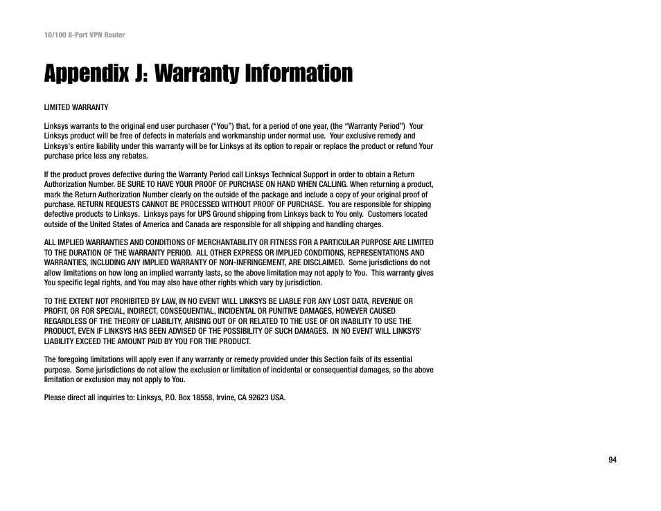 Appendix j: warranty information | Linksys RV082 User Manual | Page 103 / 105