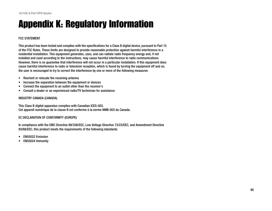 Appendix k: regulatory information | Linksys RV082 User Manual | Page 104 / 105