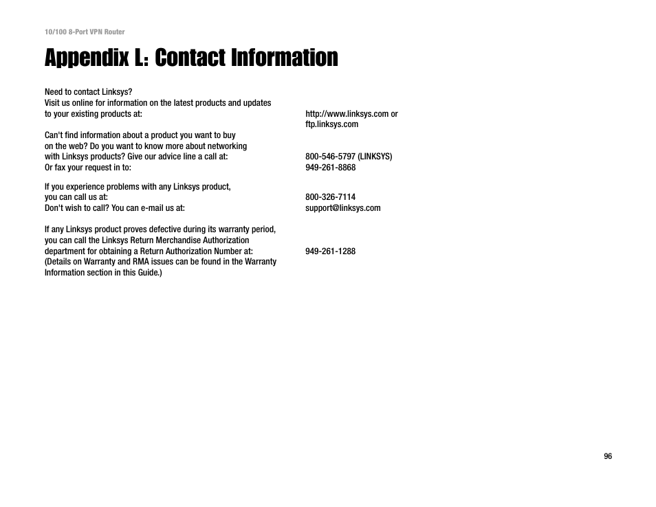 Appendix l: contact information | Linksys RV082 User Manual | Page 105 / 105