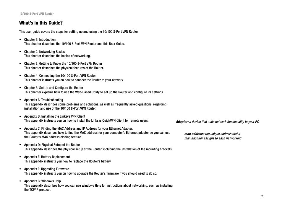 What’s in this guide | Linksys RV082 User Manual | Page 11 / 105
