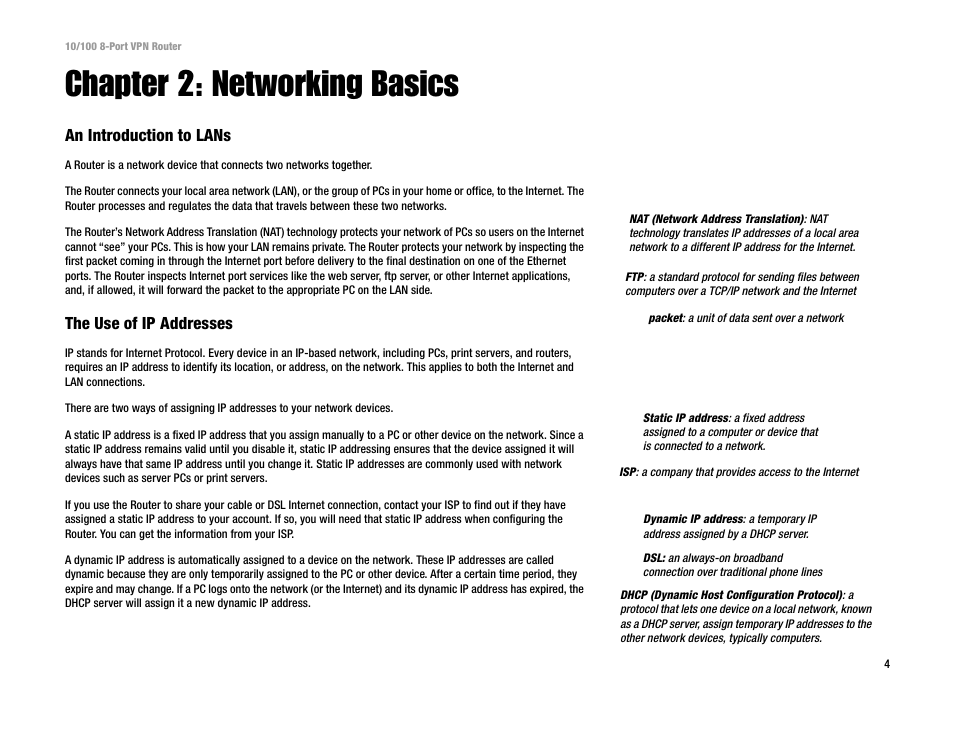 Chapter 2: networking basics, An introduction to lans, The use of ip addresses | Linksys RV082 User Manual | Page 13 / 105