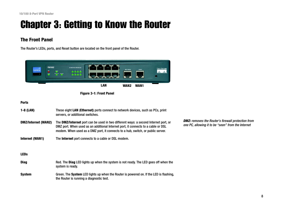 Chapter 3: getting to know the router, The front panel | Linksys RV082 User Manual | Page 17 / 105