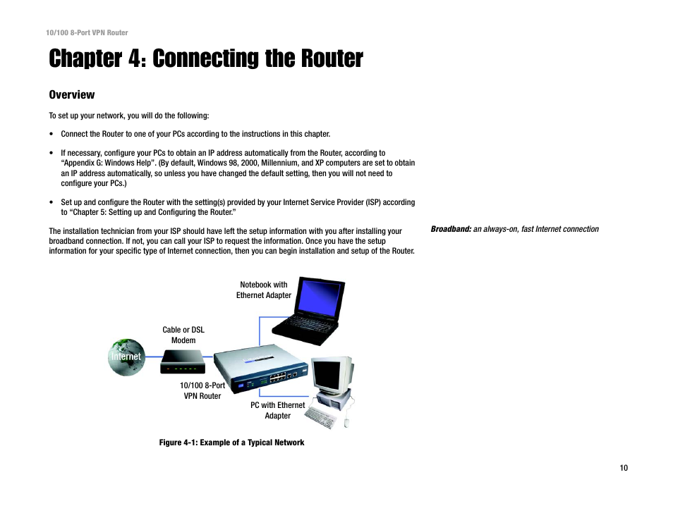Chapter 4: connecting the router, Overview | Linksys RV082 User Manual | Page 19 / 105