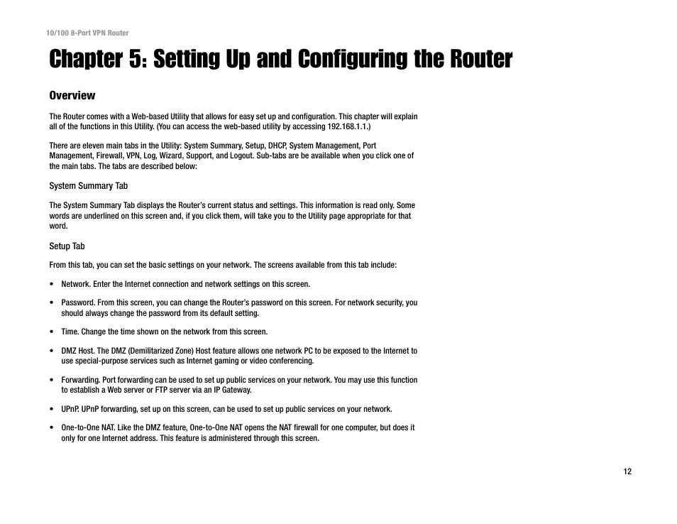 Chapter 5: setting up and configuring the router, Overview | Linksys RV082 User Manual | Page 21 / 105