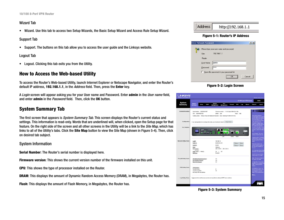 How to access the web-based utility, System summary tab | Linksys RV082 User Manual | Page 24 / 105