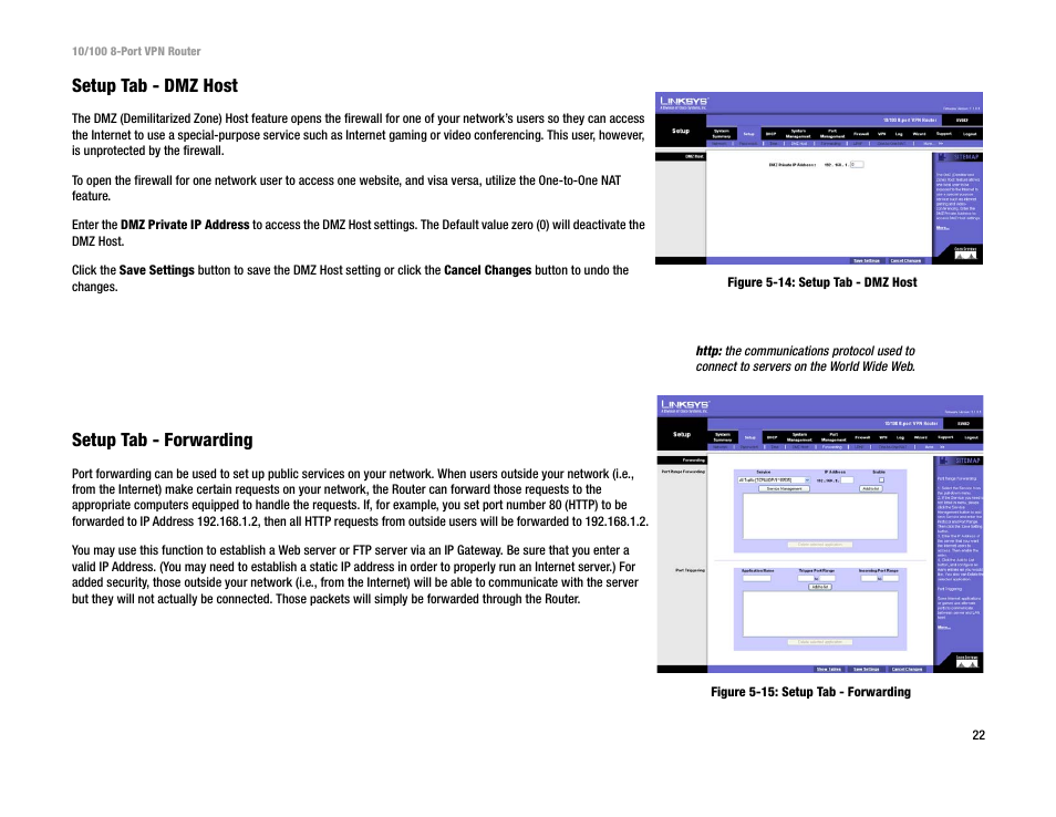 Setup tab - dmz host, Setup tab - forwarding | Linksys RV082 User Manual | Page 31 / 105