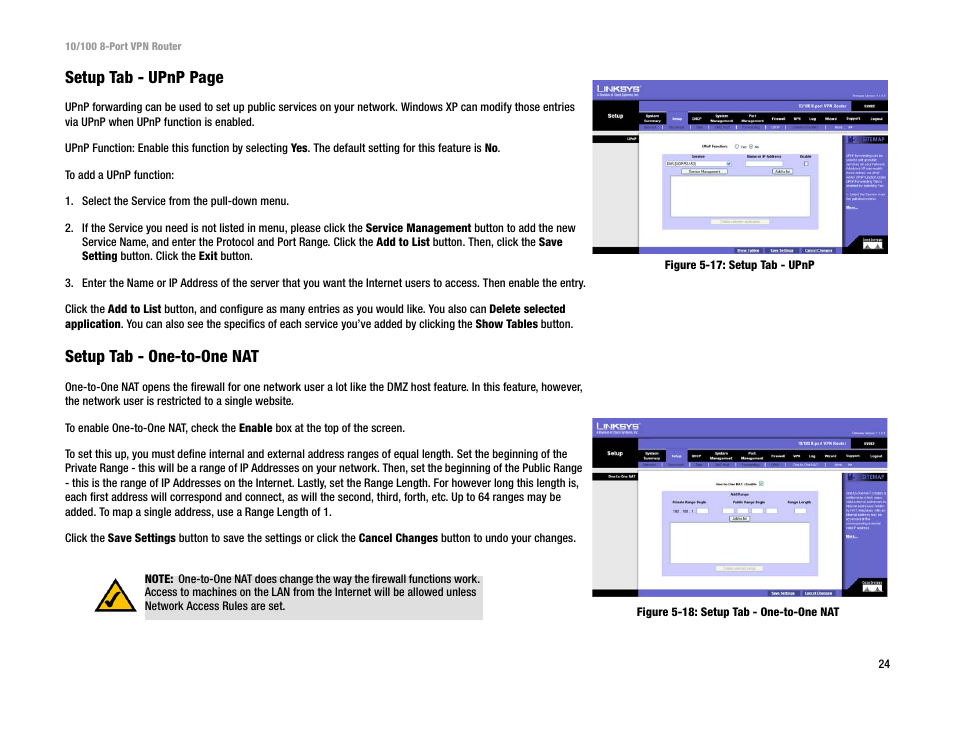 Setup tab - upnp page, Setup tab - one-to-one nat | Linksys RV082 User Manual | Page 33 / 105