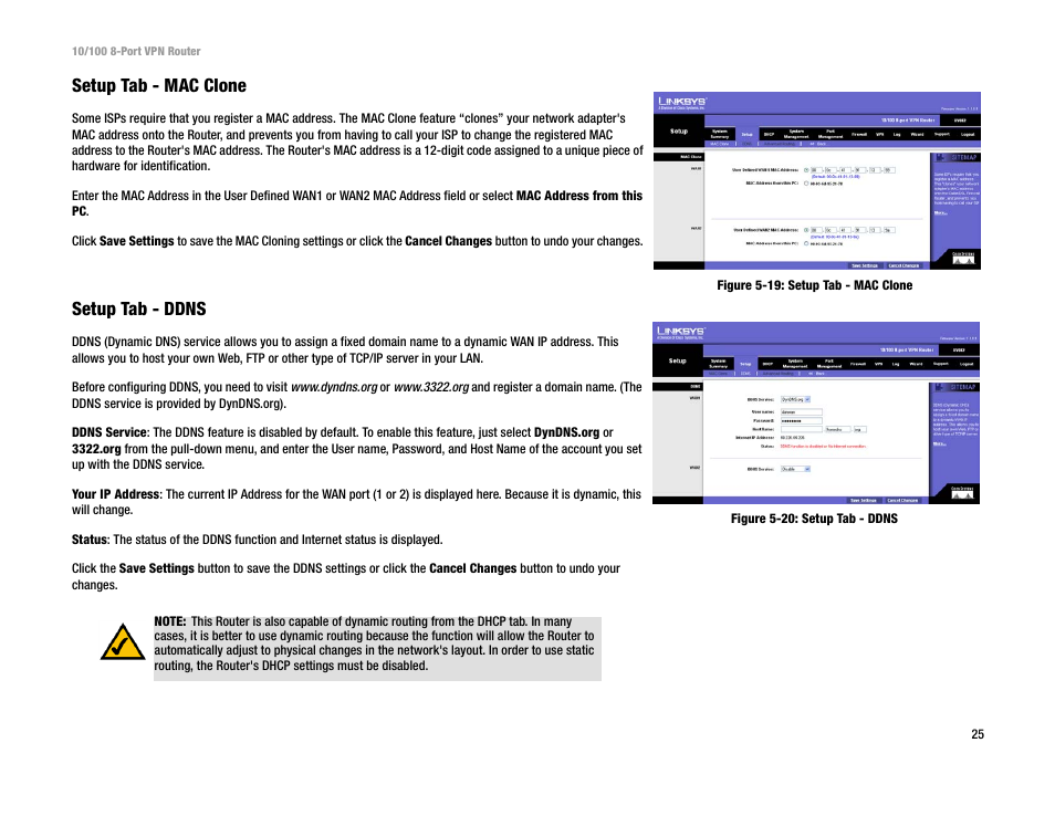 Setup tab - mac clone, Setup tab - ddns | Linksys RV082 User Manual | Page 34 / 105