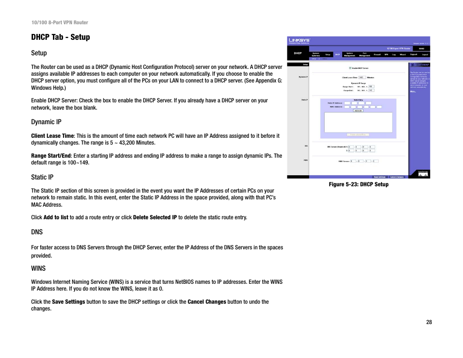 Dhcp tab - setup | Linksys RV082 User Manual | Page 37 / 105