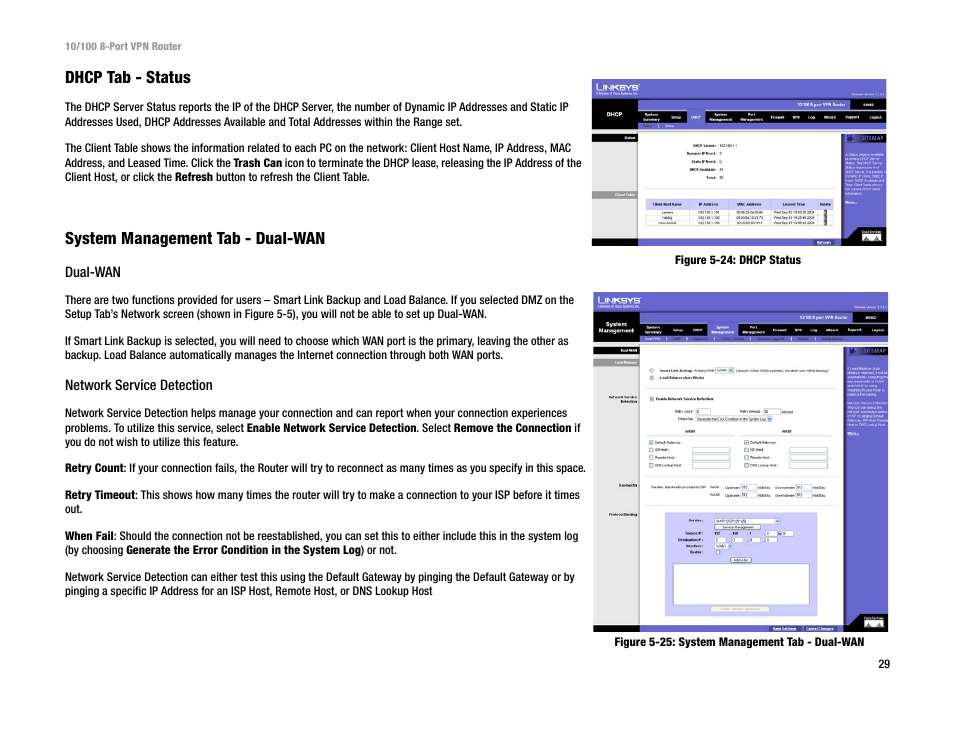 Dhcp tab - status, System management tab - dual-wan | Linksys RV082 User Manual | Page 38 / 105
