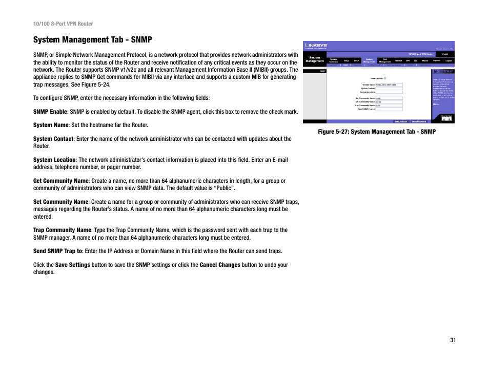 System management tab - snmp | Linksys RV082 User Manual | Page 40 / 105