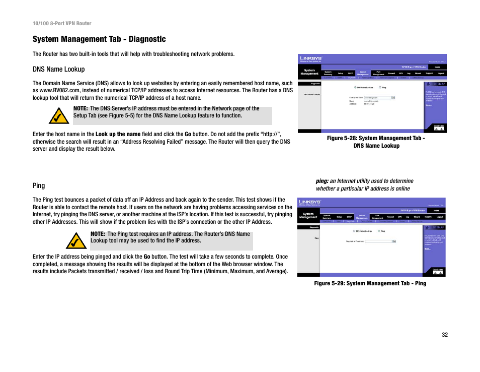 System management tab - diagnostic | Linksys RV082 User Manual | Page 41 / 105