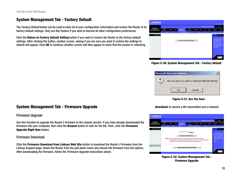 System management tab - factory default, System management tab - firmware upgrade | Linksys RV082 User Manual | Page 42 / 105