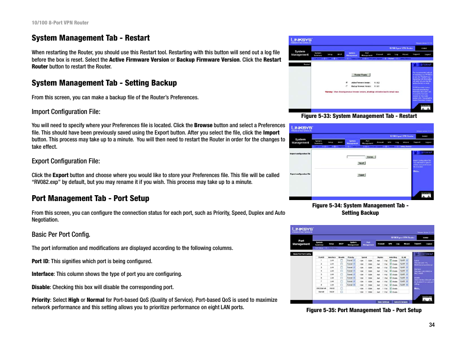 System management tab - restart, System management tab - setting backup, Port management tab - port setup | Linksys RV082 User Manual | Page 43 / 105